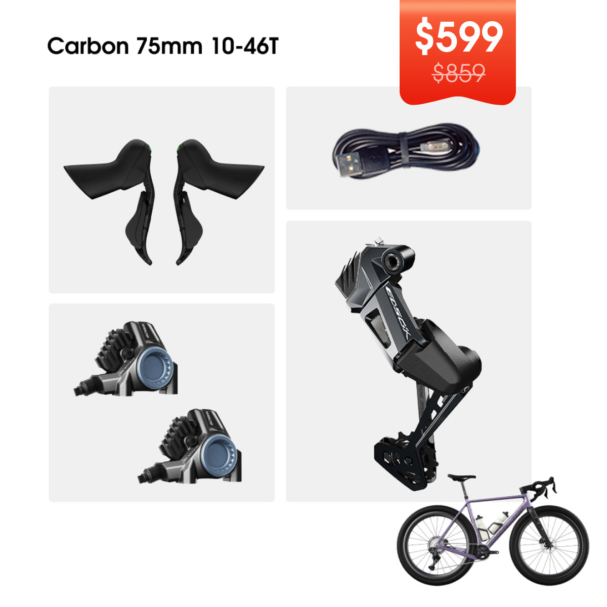 WHEELTOP EDS GeX Wireless Electronic Shifter/Derailleur (Gravel Bike) - 75mm RD+HDB+Carbon Shifters