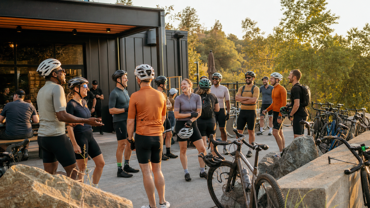 Cyclists sharing stories after a group ride at an American trailhead café